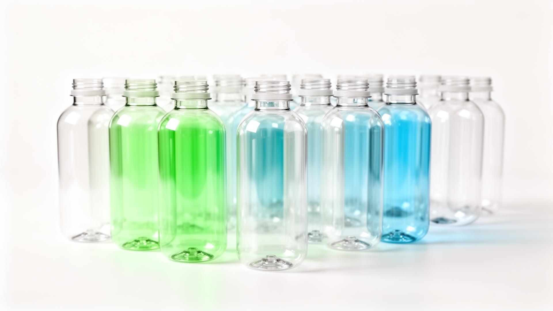 Clear PET bottles with green and blue accents on a clean studio background